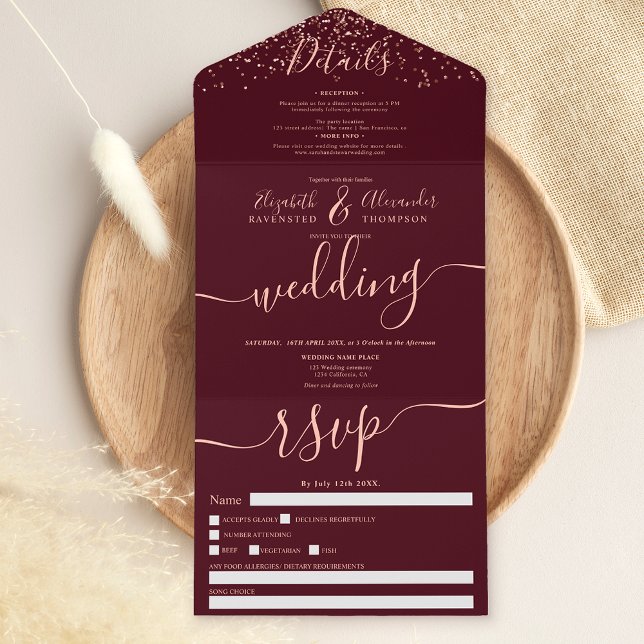 Rose gold confetti burgundy script wedding all in one invitation (Creator Uploaded)