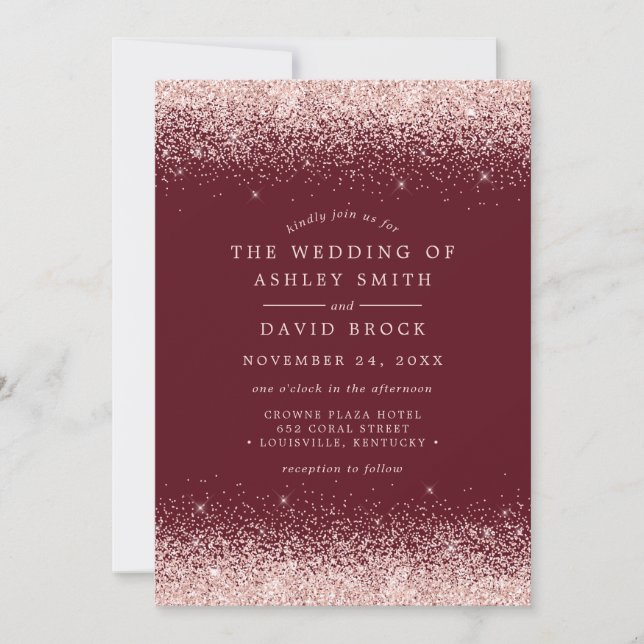 Rose Gold Confetti Burgundy Wedding Invitation (Front)