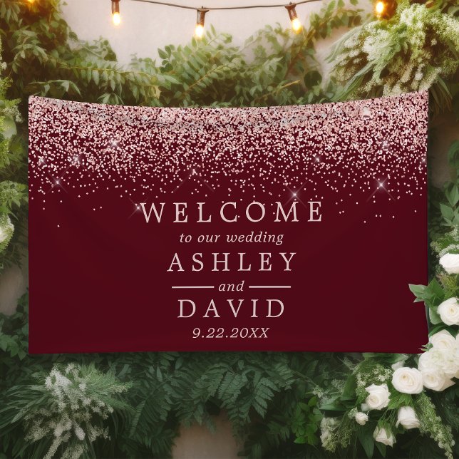 Rose Gold Confetti Burgundy Wedding Welcome Banner (Creator Uploaded)