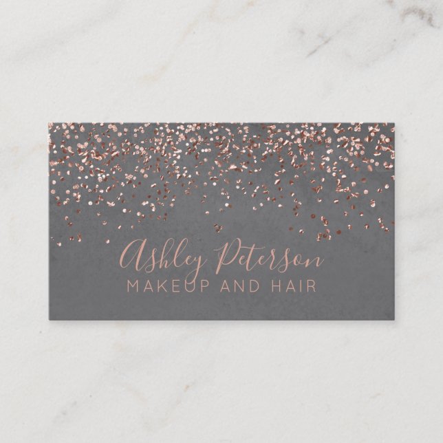 Rose gold confetti cement hair makeup typography business card (Front)