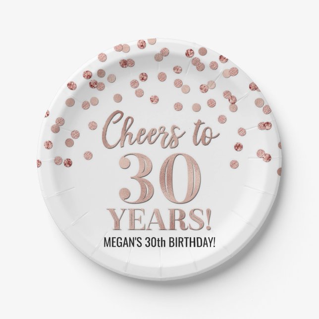 Rose Gold Confetti Cheers to 30 Years Birthday Paper Plate (Front)