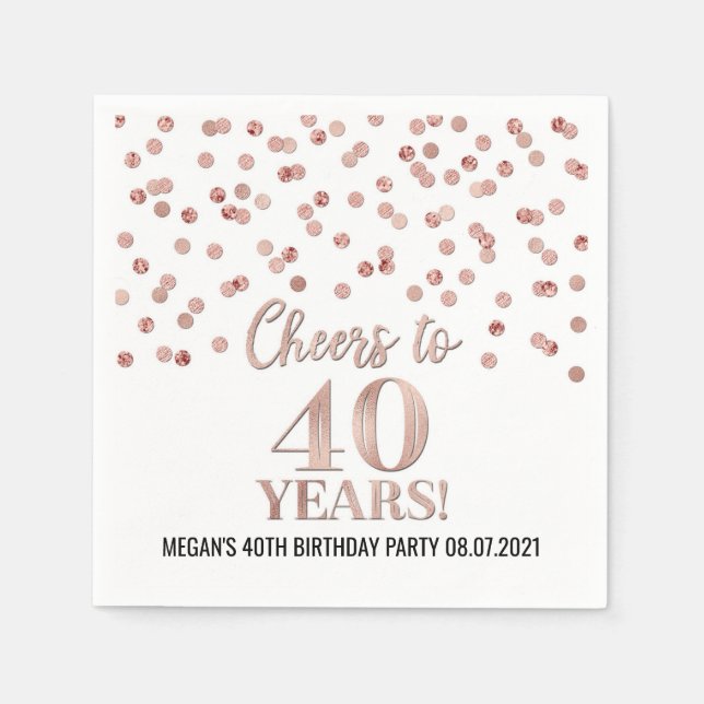 Rose Gold Confetti Cheers to 40 Years Birthday Napkin (Front)