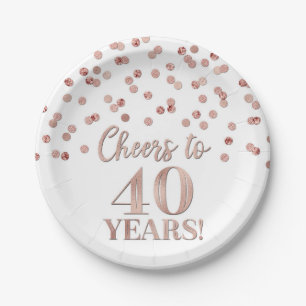 Rose Gold Confetti Cheers to 40 Years Birthday Paper Plate