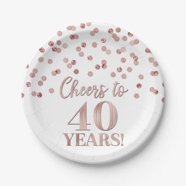 Rose Gold Confetti Cheers to 40 Years Birthday Paper Plate (Front)