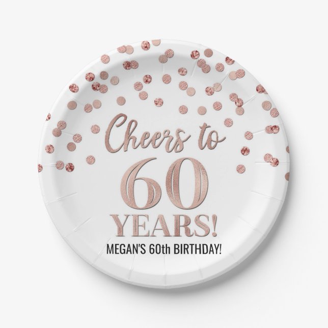 Rose Gold Confetti Cheers to 60 Years Birthday Paper Plate (Front)