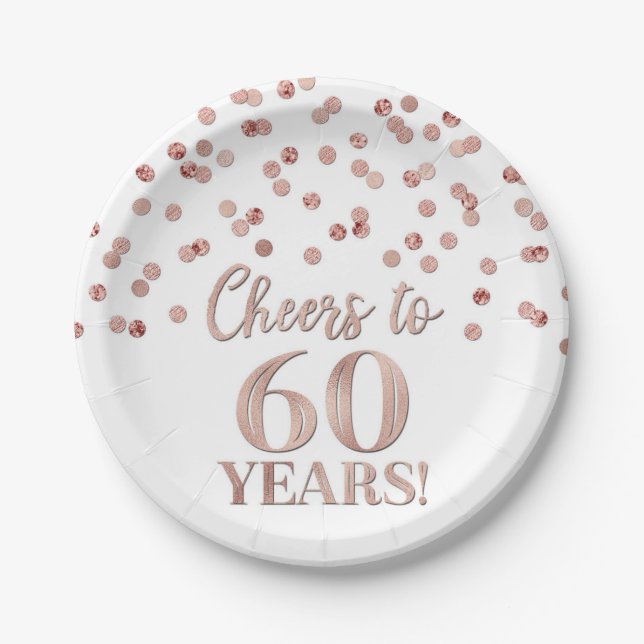 Rose Gold Confetti Cheers to 60 Years Birthday Paper Plate (Front)