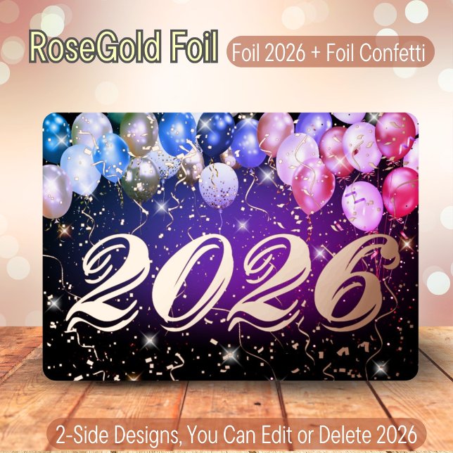 Rose Gold Confetti Colourful Balloon Happy New Yea Foil Holiday Card (Creator Uploaded)