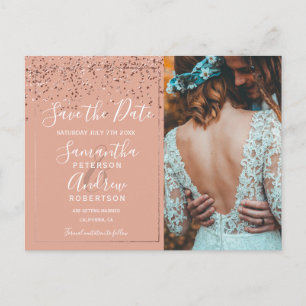 Rose gold confetti coral save the date photo postcard