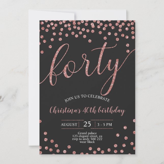 Rose Gold Confetti Elegant 40th Birthday Women Invitation (Front)