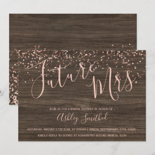 Rose gold confetti fall wood Mrs bridal shower Invitation