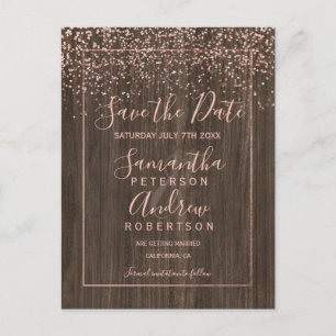 Rose gold confetti fall wood script save the date announcement postcard
