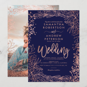 Rose gold confetti floral navy blue wedding invitation