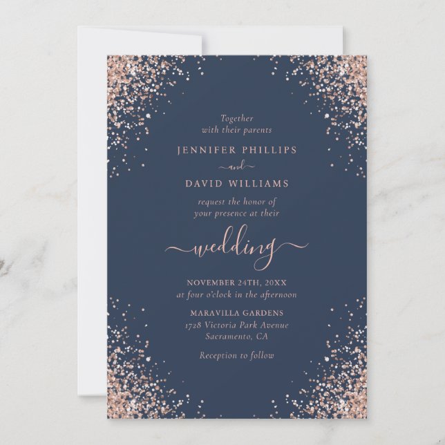Rose Gold Confetti Glitter Navy Blue Wedding Invitation (Front)