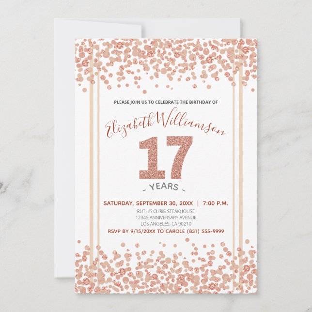 Rose Gold Confetti Glitter-Style 17th Birthday Invitation (Front)