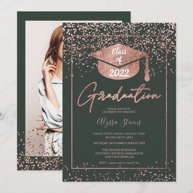 Rose gold confetti green script graduation invitation (Front/Back)