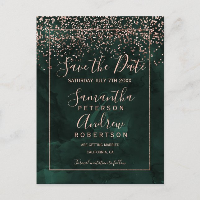 Rose gold confetti green script save the date announcement postcard (Front)