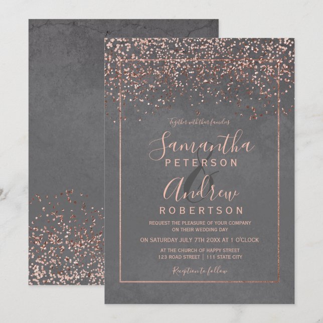 Rose gold confetti grey cement typography wedding invitation (Front/Back)