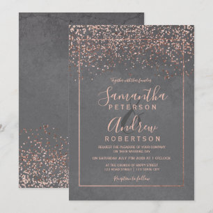 Rose gold confetti grey cement typography wedding invitation