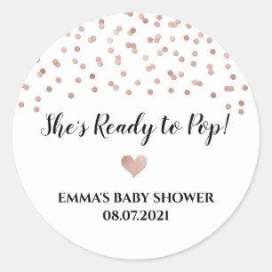 Rose Gold Confetti Heart She's Ready to Pop Classic Round Sticker