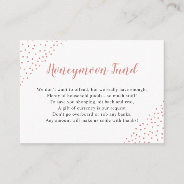 Rose Gold Confetti Honeymoon or household Fund Enclosure Card (Front)