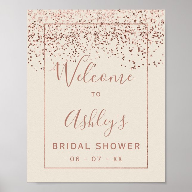 Rose gold confetti ivory bridal shower welcome poster (Front)
