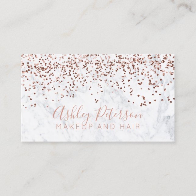 Rose gold confetti marble hair makeup typography business card (Front)