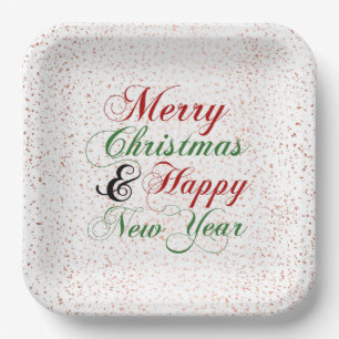Rose Gold Confetti Merry Christmas Happy New Year Paper Plate