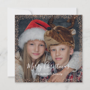 Rose Gold Confetti   Merry Christmas Photo Holiday Card
