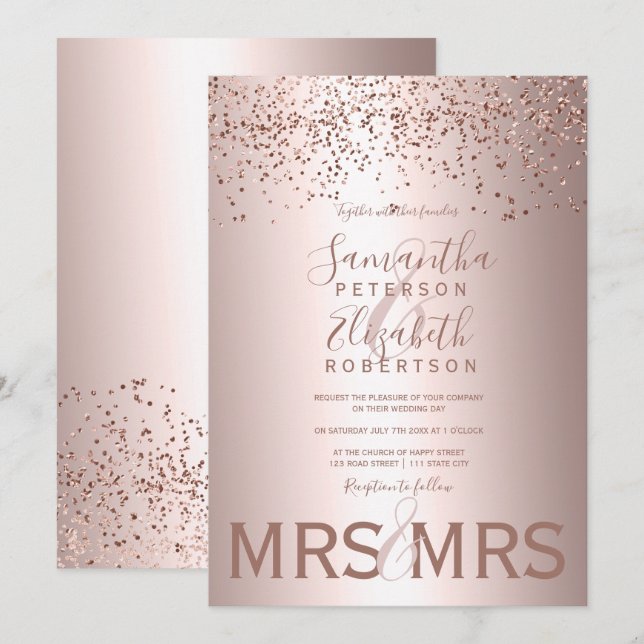 Rose gold confetti metallic foil lesbian wedding invitation (Front/Back)