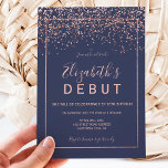 Rose gold confetti navy blue 18th birthday debut invitation<br><div class="desc">Rose gold confetti navy blue typography 18th birthday party debut invitation</div>