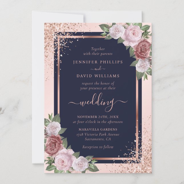 Rose Gold Confetti Navy Blue Blush Floral Wedding Invitation (Front)