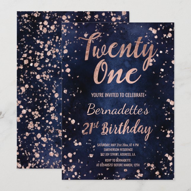 Rose gold confetti navy blue chic  21st Birthday Invitation (Front/Back)
