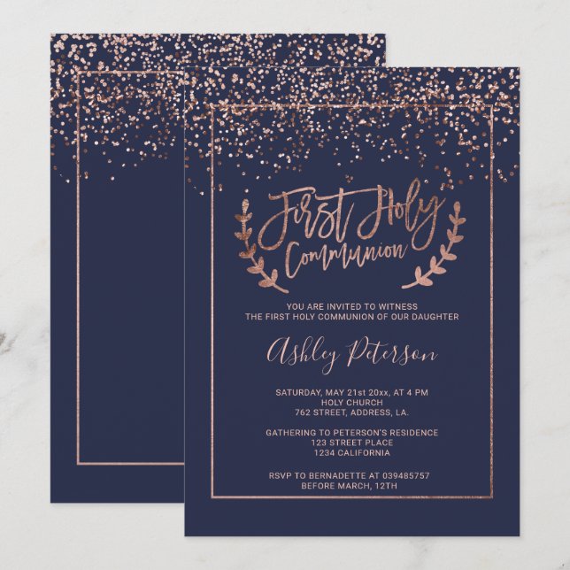 Rose gold confetti navy blue chic first communion invitation (Front/Back)