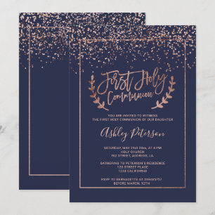 Rose gold confetti navy blue chic first communion invitation