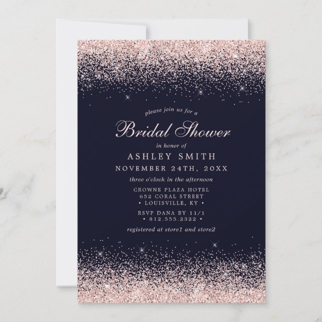 Rose Gold Confetti Navy Blue Modern Bridal Shower Invitation (Front)