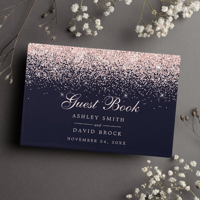 Rose Gold Confetti Navy Blue Modern Chic Wedding Guest Book (Creator Uploaded)