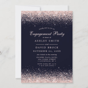 Rose Gold Confetti Navy Blue Modern Engagement Invitation
