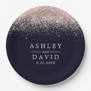 Rose Gold Confetti Navy Blue Modern Wedding Paper Plate