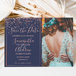 Rose gold confetti navy blue save the date photo<br><div class="desc">Rose gold confetti navy blue save the date photo with elegant script font typography ,  faux rose gold foil confetti and geometric frame on an editable navy blue background.</div>