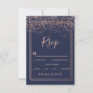 Rose gold confetti navy blue script border rsvp