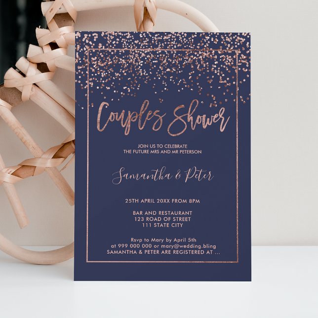 Rose gold confetti navy blue script couples shower invitation (Creator Uploaded)
