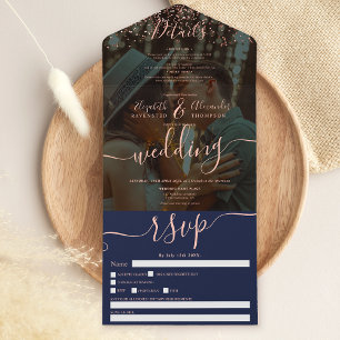 Rose gold confetti navy blue script photo wedding all in one invitation