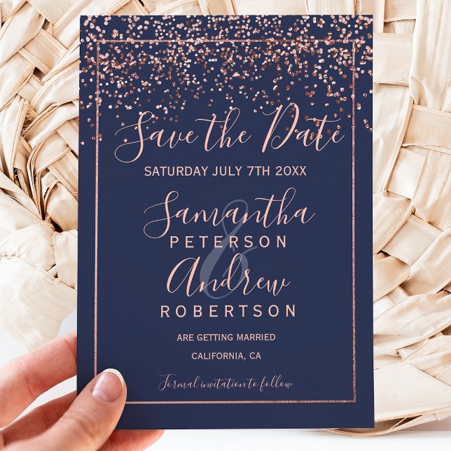 Rose gold confetti navy blue script save the date announcement postcard (Creator Uploaded)