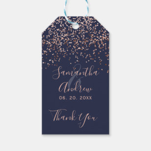 Rose gold confetti navy blue script wedding favour gift tags