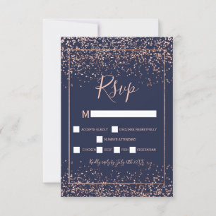 Rose gold confetti navy blue typography rsvp