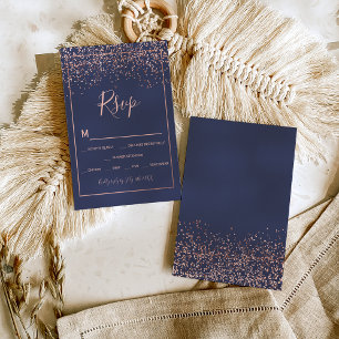 Rose gold confetti navy blue typography rsvp card