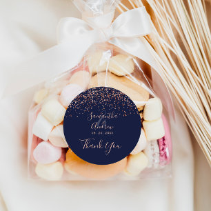 Rose gold confetti navy blue typography thank you classic round sticker