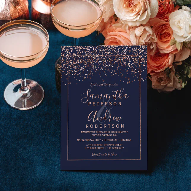 Rose gold confetti navy blue typography wedding invitation | Zazzle