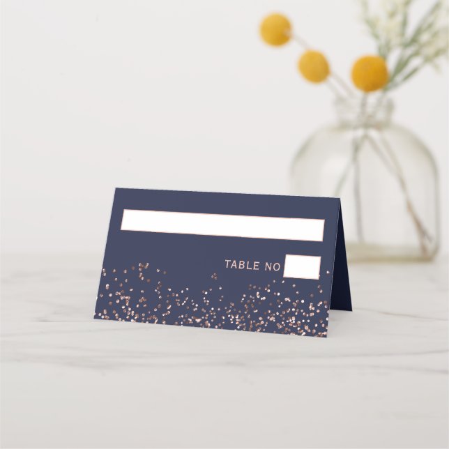 Rose gold confetti navy blue typography wedding place card (Front)