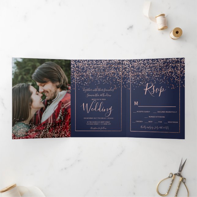 Rose gold confetti navy blue typography wedding Tri-Fold invitation (Inside)